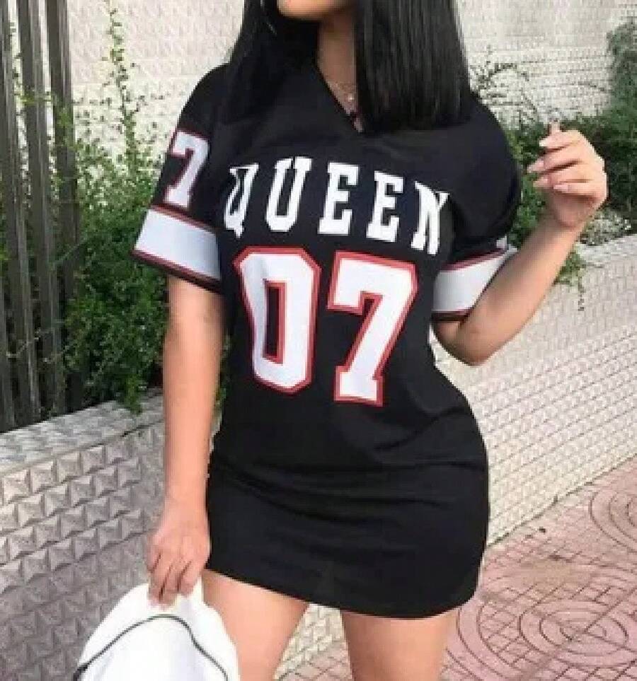 Vestido estampado de letras Queen con cuello en V, moda de manga corta, estilo deportivo de baloncesto, ropa femenina holgada Sexy, ropa de calle, ropa de descanso - Negro - Ver 1