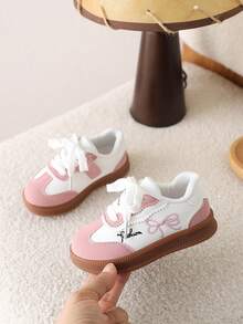 1 Pair Girls' Lightweight Anti-Slip Bow Decor Casual Shoes, New Soft Sole Hook And Loop Sneakers, Versatile - Pink - View 4