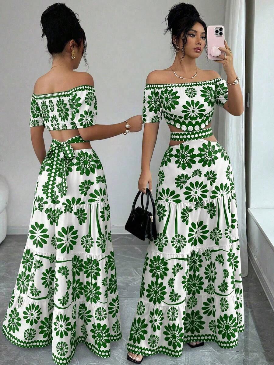 de moda con estampado floral, hombros descubiertos, manga corta y cintura hueca - Verde - Ver 1