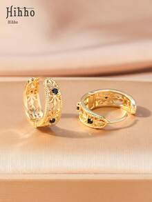 Hihho 1 Đôi bông tai hình tròn rỗng màu đen đính đá Zirconia, thiết kế hoa văn cổ điển bằng đồng, phụ kiện thanh lịch và thời trang, thích hợp làm quà tặng dịp lễ. - Nhiều màu - Xem 5