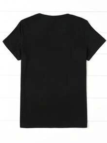 Camiseta de Verano para Mujer con Estampado de Gato de Dibujos Animados y Cuello Redondo Ajustado - Negro - Ver 2
