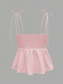 1 pieza Blusa casual sin mangas con volantes en el bajo, Elegante top tubo minimalista francés de color blanco puro, Camiseta sin mangas ajustada para vacaciones y viajes, Ligera camiseta con lazo delantero, Ropa exterior sexy tipo babydoll que acentúa las curvas, Primavera/Verano/Otoño - Rosa 22 - Ver 5