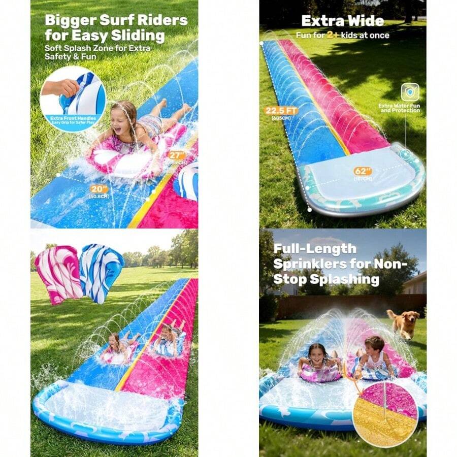 JOYIN Tobogán de agua de 6.86 m y 2 tablas inflables, tobogán de agua extra largo y resistente para césped con aspersor para niños y adultos, juguete acuático de verano para patio trasero al aire - Azul rosa - Ver 1
