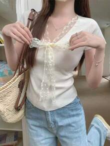 Sweet V-Neck Lace Patchwork Knit Top, Korean Design Slim Fit Short Sleeve T-Shirt For Summer White - White - View 5