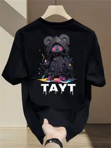 Camiseta de manga corta con cuello redondo 100% algodón para hombre, estilo coreano de verano, estampada, casual y versátil. - Negro - Ver 7
