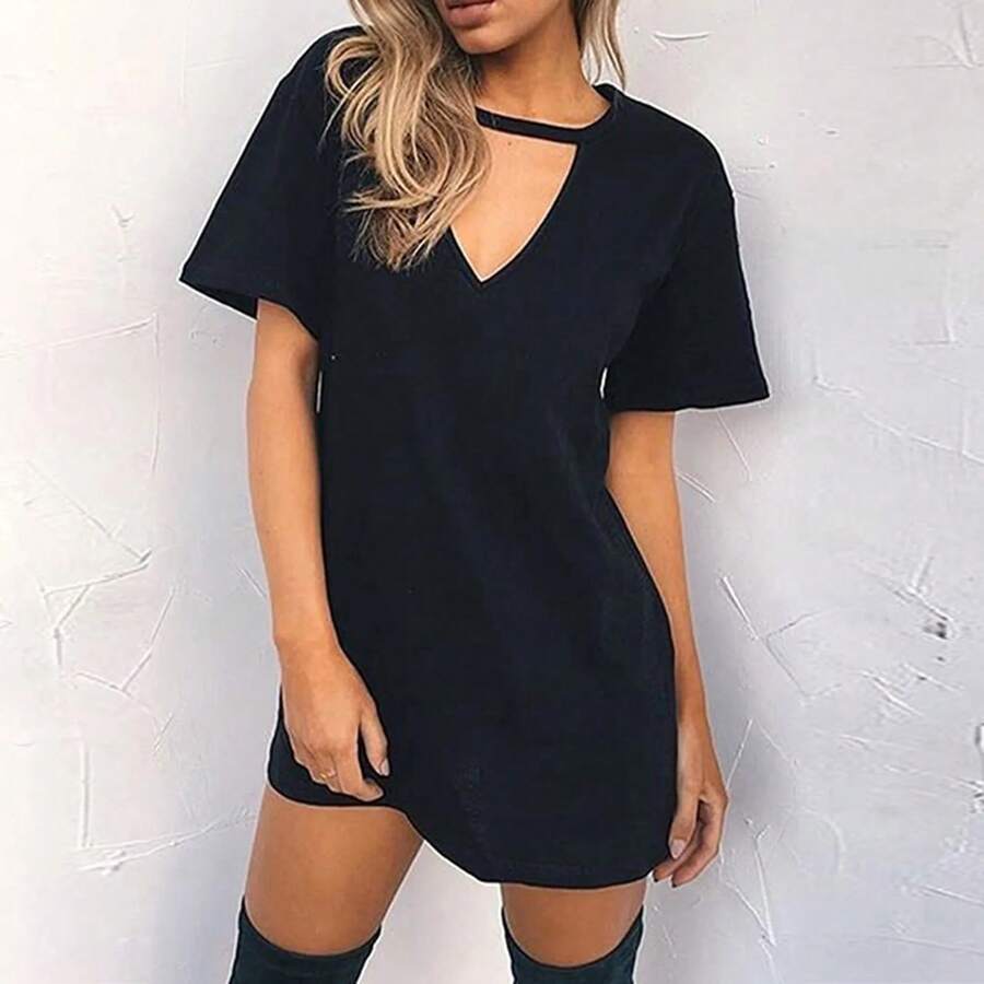 Vestido elegante sexi envolvente con escote en V profundo, vestido suelto recortado para mujer, Mini vestido de manga corta de Color sólido, Vestidos de fiesta para discoteca - Negro - Ver 1