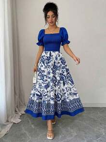 Women's Bright Floral Print Waist Splice Vacation Dress, Summer Elegant - Multicolor 5 - Ver 2