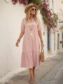 Vestido de mujer con cuello con muescas, volantes en el bajo y mangas cortas - Caqui - Ver 11