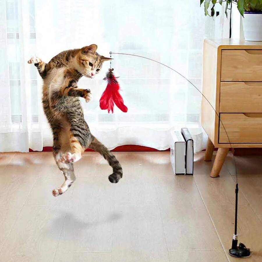 Juguete divertido para gatos, pluma esponjosa y colorida con campana, palo para gato con ventosa, juguete para gatitos, varita rompecabezas desmontable interactiva, suministros para gatos - Pluma Roja de Sucker - Ver 1