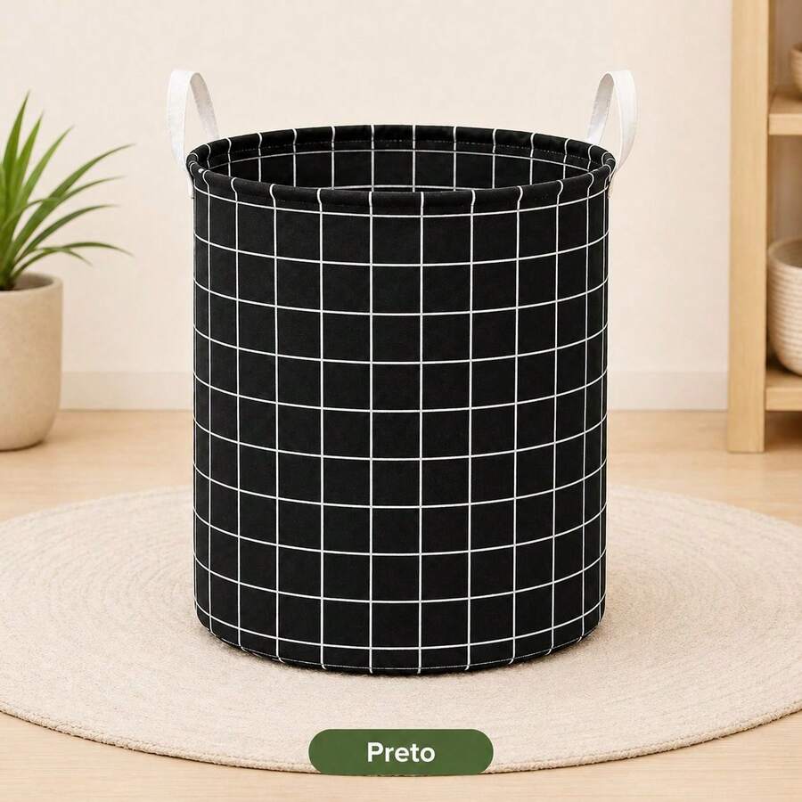 Foldable Checkered Laundry Basket With Handles, Multipurpose Organizer For Laundry Room, Bedroom, Bathroom - Black - View 1