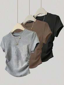Set de 3 piezas de tops para mujer para exteriores, en color champán, marrón moca y negro, nuevas llegadas de verano, camiseta ajustada con pliegues, de moda y versátil, con estilo callejero fotogénico, imprescindible, de vuelta al colegio, que lla - Multicolor 15 - Ver 6