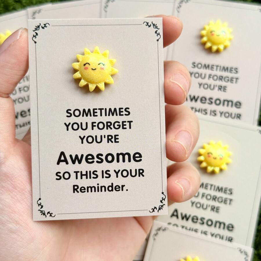 10pcs Set Of Fun Resin Sun Statues With Inspiring Greeting Cards Suitable For Holiday Parties, Gifts And Positive Support Gift