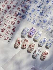一套可爱卡通涂鸦风格美甲贴纸，装饰贴纸，图案包括泰迪熊、小狗、小猫、蝴蝶结等，5D美甲贴纸，美甲用品 - 紅色 - 查看 6