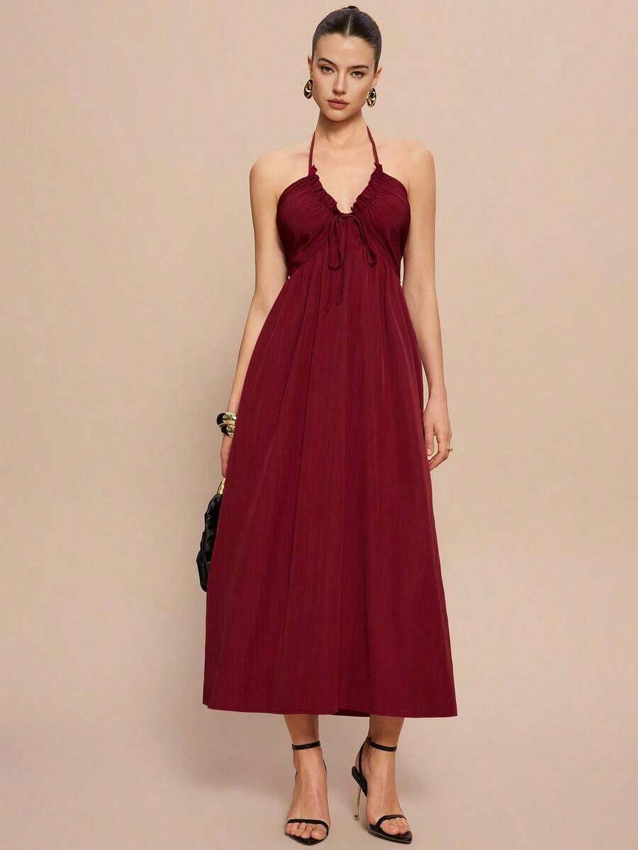 Vestido línea A con escote halter, cordones y espalda descubierta - Rojo 2 - Ver 1