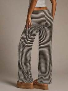 Pantalones de pierna ancha con estampado de rayas y nudo a la cintura de baja altura para mujer, pantalones de verano para mujer, conjunto de verano para mujer, ropa de playa para mujer, pantalones casuales para mujer, pantalones a rayas para mujer, pantalones con cordón, conjunto de verano para mujer - Caqui - Ver 7