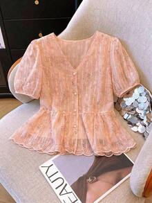 Blusa de mujer con escote en V bordada de estilo romántico francés de manga corta - Rosa Pálido - Ver 3