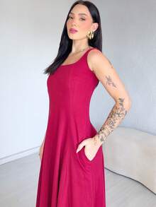 Long, Flared Dress, 100% Cotton, With Pocket And Slit. - 紅木色 - 查看 6