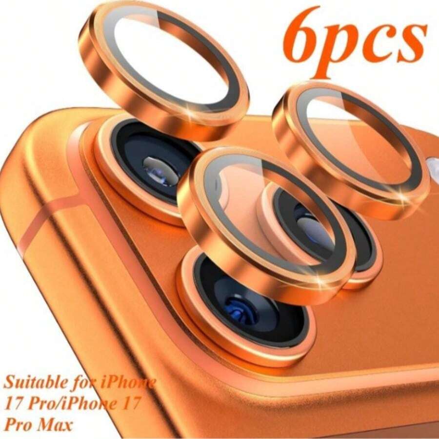 6片装 17 Pro/17 Pro Max 镜头保护膜,高清钢化玻璃材质,带金属镜头保护环,时尚橙色,耐用相机镜头保护配件 - 橘色 - 查看 1