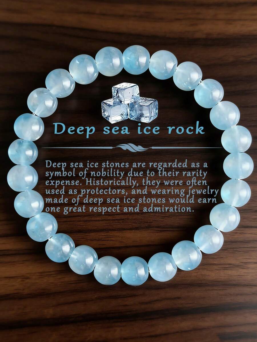 Pulsera de piedra natural de hielo del mar profundo de 8 mm - Joyería de piedra con estilo bohemio, espiritualidad y amuleto de la suerte, adecuada para uso casual y regalo de pareja. Accesorio de playa de verano para mujeres de talla grande. Pulsera de mujer de alta calidad y conservadora, a juego, no se oxida y es hipoalergénica - Multicolor - Ver 1