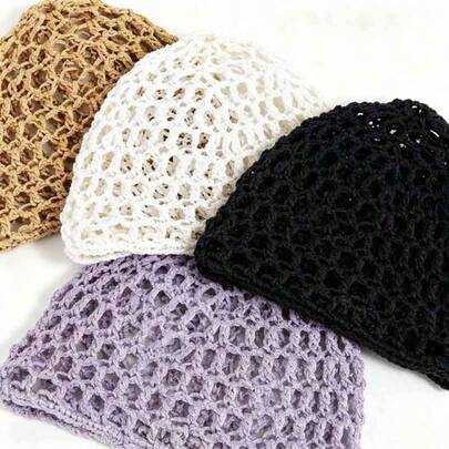 1pc Women's Handmade Crochet Hollow Breathable Knit Hat, Solid Color Versatile Spring/Summer/Autumn Travel Casual Hat, Retro Hollow Cap For Daily Commute & Vacation Accessory