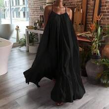 Vestido de primavera para mujer, vestido Sexy de tirantes lisos con bolsillo, suelto, sin espalda, vestidos grandes con vuelo, vestidos de vacaciones para mujer, invitados de boda - Negro - Ver 4