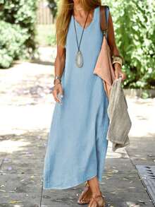 Vestido de playa europeo de talla grande, camiseta sin mangas informal, Material suave, cuello en V, estilo suelto, vestido de longitud media - Azul cielo - Ver 5