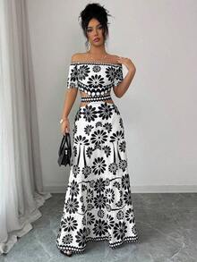 de moda con estampado floral, hombros descubiertos, manga corta y cintura hueca - Blanco y Negro - Ver 5