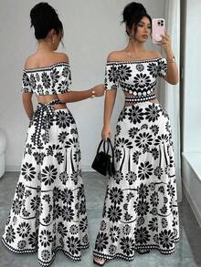 de moda con estampado floral, hombros descubiertos, manga corta y cintura hueca - Blanco y Negro - Ver 7