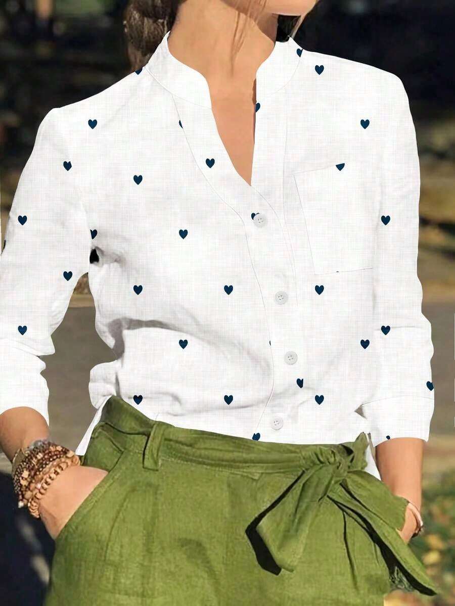 Camisa de mujer de manga larga con botones y bolsillos, con estampado romántico de corazones, adecuada para otoño, invierno y primavera - Blanco - Ver 1