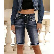 Quần lửng denim nữ mùa xuân/hè mới, quần denim thêu dáng ôm vừa vặn, đa năng, thời trang thường ngày. - Than chì - Xem 2
