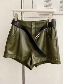 Pantalones cortos plisados de unicolor de piel de PU para mujer, estilo casual y de oficina - Verde militar - Ver 3