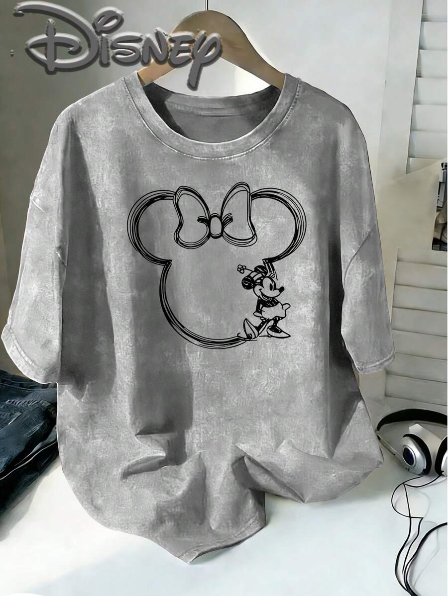 Disney Minnie Mouse Hand-Painted Line Sketch Head Frame Bow Creative Printing Design Oversized Fashion Old T-Shirt 2026 Spring And Summer Round Neck T-Shirt Style Retro Fashion Lovers Popular Style Old Round Neck T-Shirt, Unisex, Excellent Gift. - Xám - Xem 1