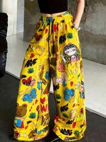 anchos de mujer con estampado de dibujos animados, pantalones casuales sueltos de primavera - Amarillo - Ver 1
