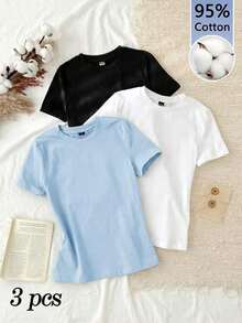 Set de 3 camisetas de cuello redondo de manga corta de ajuste ceñido para mujer, 95% algodón, en negro, blanco y gris, adecuadas para todas las estaciones, interior y exterior, con estilo vintage y lindo para verano, para salidas de verano, en casa, vuelta al colegio, otoño, camisetas básicas versátiles para mujer en paquete de 3 unidades - Multicolor 7 - Ver 10