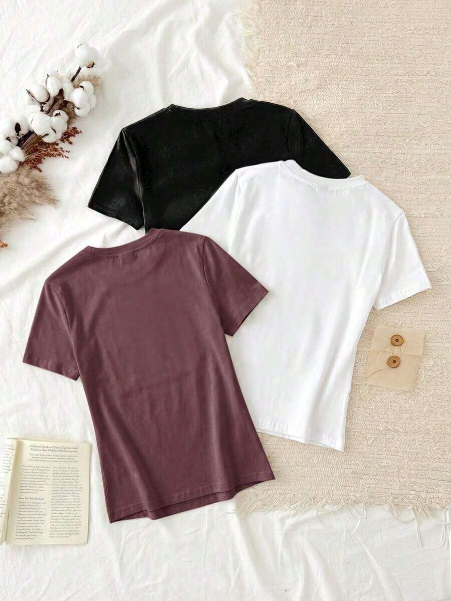 VP6X Set de 3 camisetas de mujer de cuello redondo de ajuste ceñido, 95% algodón, en negro, blanco y gris, aptas para todas las estaciones, interior y exterior, con estilo vintage y lindo para verano, para salidas de verano, hogar, vuelta al cole, otoño, versátil - Multicolor 15 - Ver 1