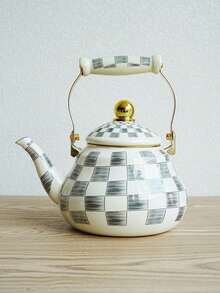 Vintage Checkerboard Art Style + Classic Black & White/Morandi Checkerboard Blue & White Porcelain Multi-Pattern + Rounded Bulging Body Shape + Ceramic Heat-Resistant Handle + Gold Decorative Accents + Even Heat Distribution + Easy To Clean & Durable + Large Capacity Water Storage + Enamel Vintage Coffee Kettle + Suitable For Home Afternoon Tea Preparation/Daily Water Boiling/Holiday Family Gatherings/Housewarming Gifts - Multicolor - View 9
