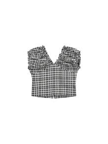 Plaid Sleeveless Shirt Women, Summer Cropped Tank Top Design, V-Neck Blouse - Picture Color - View 5