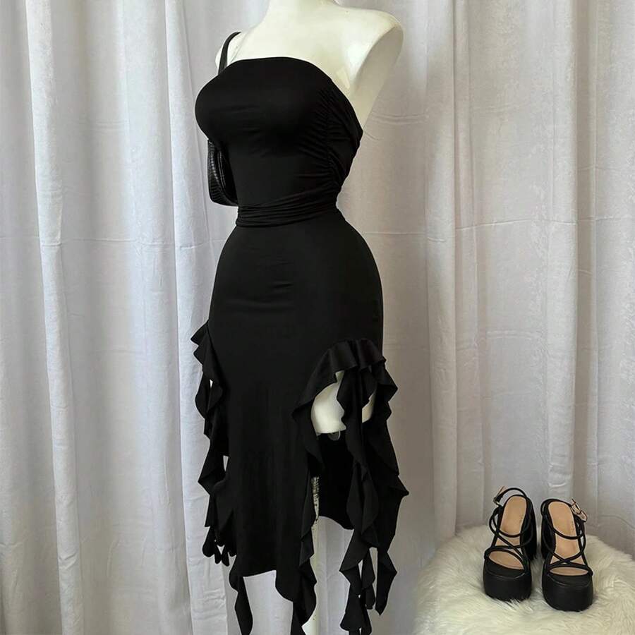 Minivestido Sexy sin tirantes con dobladillo Floral para mujer, minivestido con abertura larga, liso, sin espalda, sin mangas, negro y rosa, 2024 - Negro - Ver 1