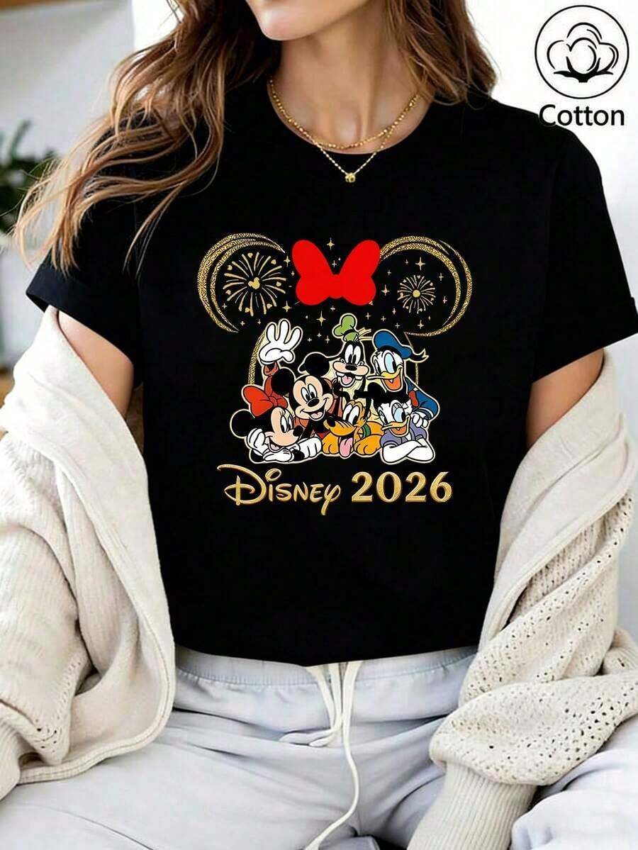 Loose Fit "Disney 2026" Fireworks Mickey Companion Collection Printed T-Shirt, Suitable For Summer And Spring, Short Sleeved Top, Women's Clothing, Holiday Gift Party Clothing.  -- Disneys Disneyland Paris The Magic Kingdom Disneyesque The House Of Mouse Mickey Mouse Empire Modest Summer Outfits Take That T Shirt Summer Coord Tops For Women Summer Summer Clothes Women Summer Clothes Summer Tops Summer Tops Women Summer Co Ord Summer Top Summer Outfits White Top Black Top Holiday Outfits For Women  Tops For Women Summer Holiday Gifts Valentine's Day Gifts Earth Day Gifts Oktoberfest Gifts Summer Bank Holiday Gifts - Black - View 1