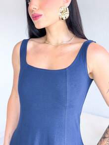 Long, Flared Dress, 100% Cotton, With Pocket And Slit. - Navy Blue - View 3