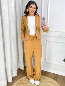 Women's Stylish Tracksuit Set: Sweatshirt With Trim, Hood, And Zipper, And Wide-Leg Pants With Side Pockets - Elegant Women's Jacket, Wide-Leg Pants, Long-Sleeved Blouse, Winter, Cold Weather, Basic, Comfortable, Premium, Comfy, Warm, Thick, Caramel Color. - 駝色 - 查看 1