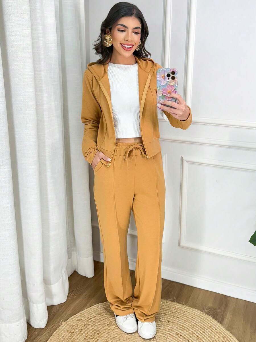 Women's Stylish Tracksuit Set: Sweatshirt With Trim, Hood, And Zipper, And Wide-Leg Pants With Side Pockets - Elegant Women's Jacket, Wide-Leg Pants, Long-Sleeved Blouse, Winter, Cold Weather, Basic, Comfortable, Premium, Comfy, Warm, Thick, Caramel Color. - 駝色 - 查看 1