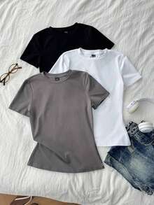 Set de 3 camisetas de cuello redondo de manga corta de ajuste ceñido para mujer, 95% algodón, en negro, blanco y gris, adecuadas para todas las estaciones, interior y exterior, con estilo vintage y lindo para verano, para salidas de verano, en casa, vuelta al colegio, otoño, camisetas básicas versátiles para mujer en paquete de 3 unidades - Multicolor 8 - Ver 8