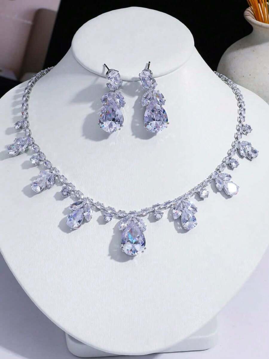 Bộ 3 món thời trang cao cấp đính đá Zirconia gồm dây chuyền và bông tai hình hoa tulip màu hồng, phong cách Ins, rực rỡ sắc hoa, thích hợp làm quà tặng. - trắng - Xem 1