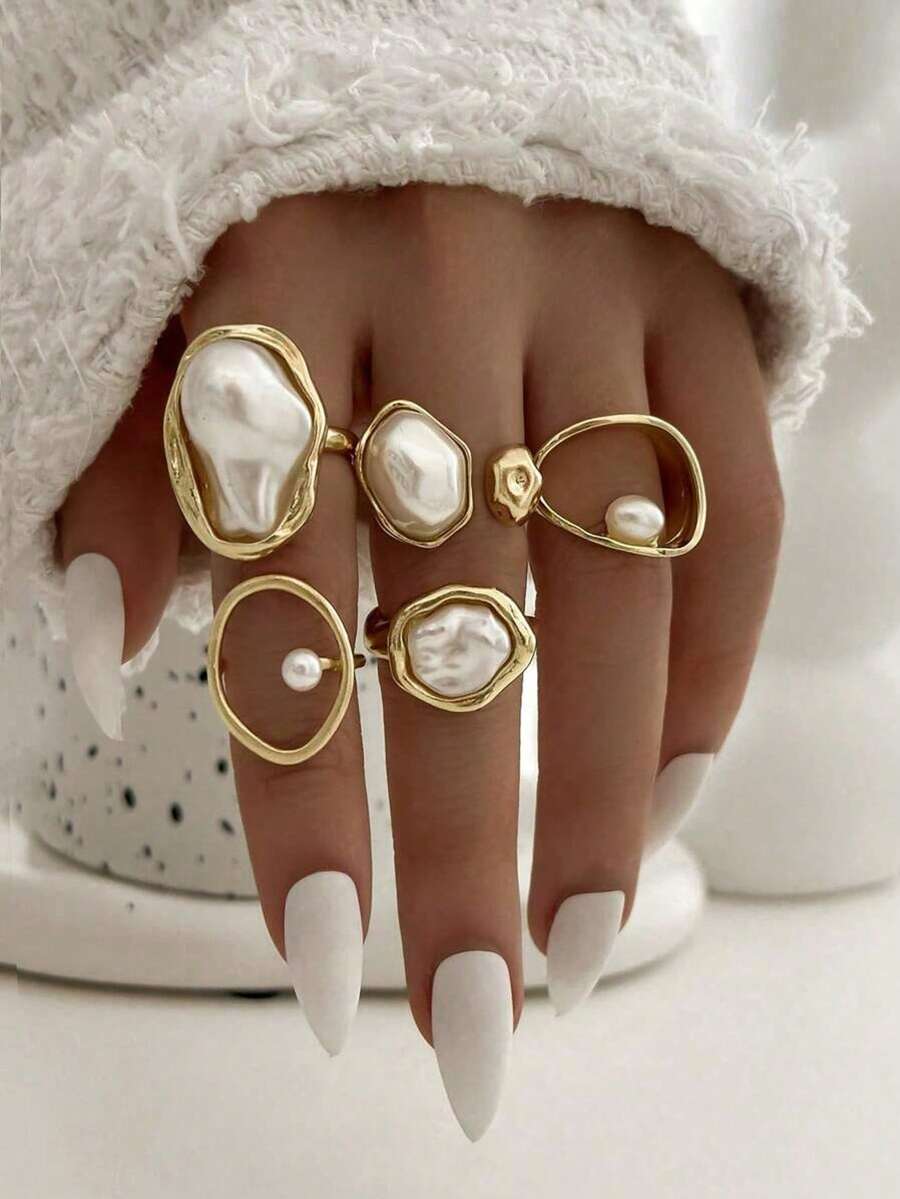 5pcs Vintage Asymmetrical Baroque Pearl Open Ring Set, Suitable For Daily, Evening Party, Gift For Girlfriend, Friend, Valentine's Day - Yellow Gold - View 1