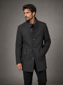 Men's Overcoat, Felted Wool, High Collar. - 黑色 - 查看 7