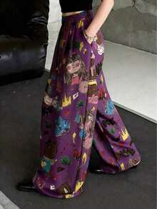 anchos de mujer con estampado de dibujos animados, pantalones casuales sueltos de primavera - Morado - Ver 4