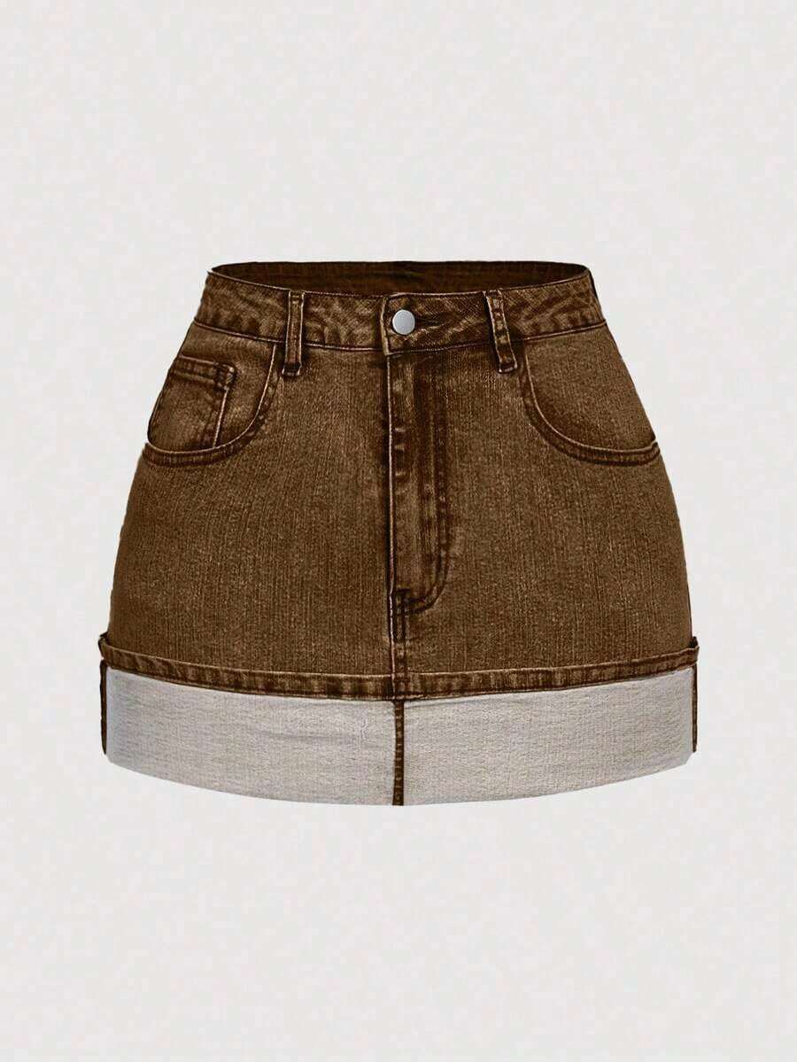 Falda vaquera mini de estilo casual de calle de verano para mujer con dobladillo puño - Marrón 2 - Ver 1
