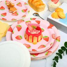 7/9 Inch Strawberry Series Printed Disposable Paper Plates, Floral Strawberry Disposable Party Plates, Party Decorations, Disposable Party Supplies, Birthday Party, Gift Party, Celebration Disposable Tableware - Pink Strawberry - View 4