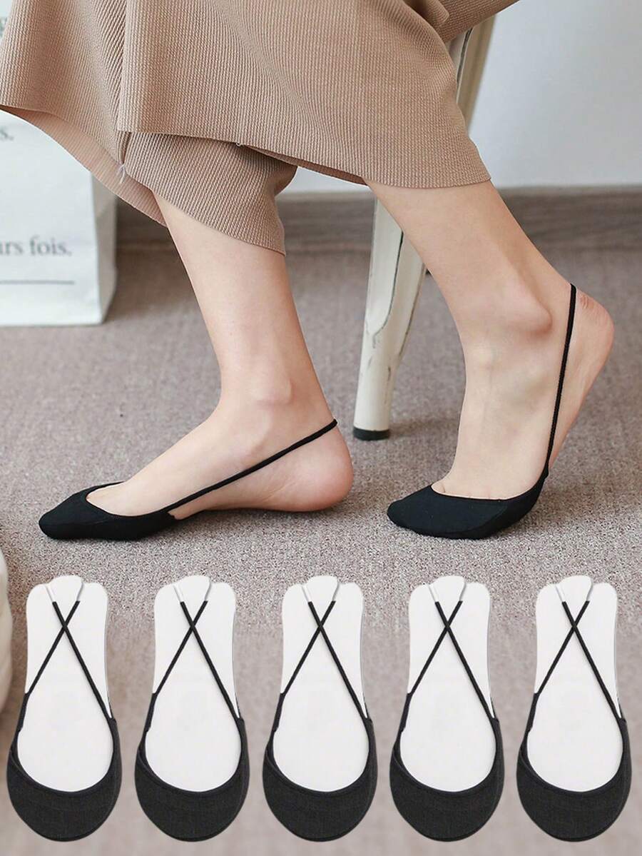 5 đôi tất cotton mỏng cho nữ, kiểu tất lửng không dây, thích hợp cho mùa hè, cao gót hoặc cổ thấp. - màu đen - Xem 1
